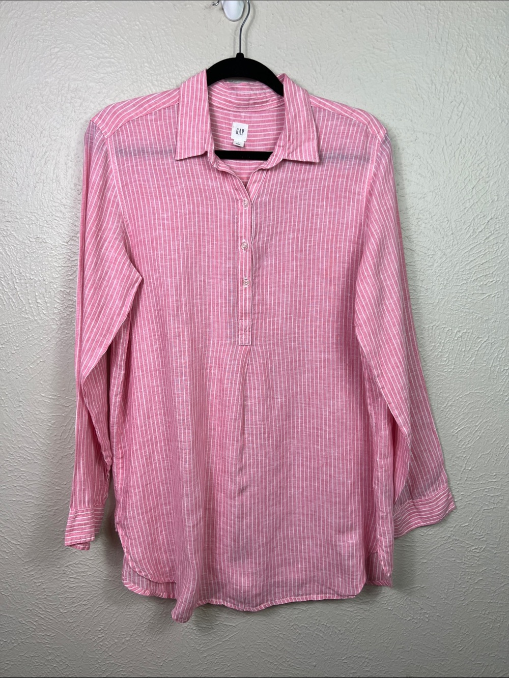 GAP Linen Pink White Stripe Boyfriend Long Sleeve Popover Tunic Large